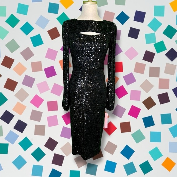 NWT Aqua Black Sequin Cutout Detail Long Sleeve Cocktail Evening Dress Size 0 - Picture 3 of 16
